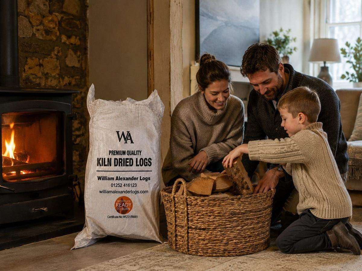 A family filling a basket from a wood burner fireside