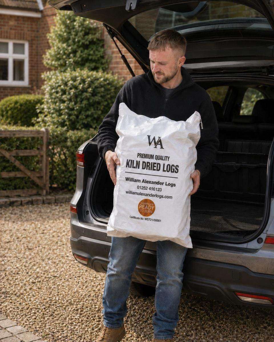 An Easy Bag of kiln-dried logs being loaded into a car boot at collection