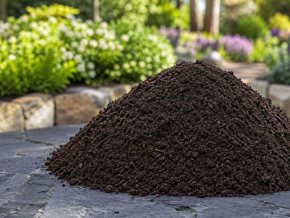 Compost being spread in a UK garden bed