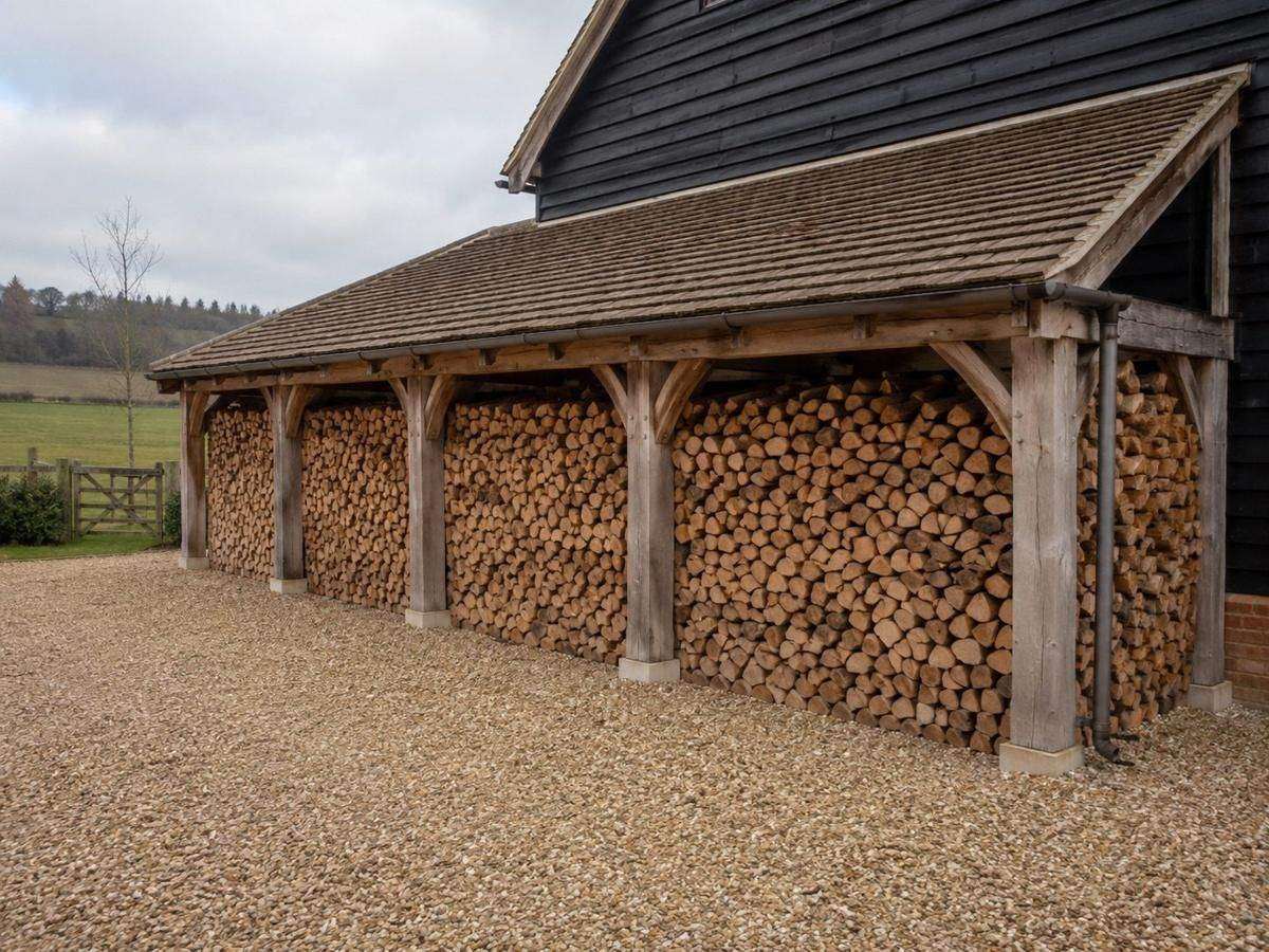 Stacked barrow bags of kiln-dried logs in the barn at the William Alexander yard